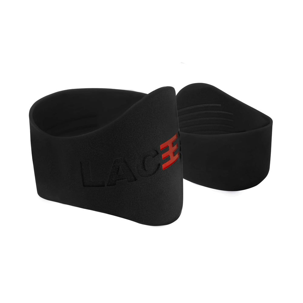 A pair of black Laceeze MAX Bands with red logo, designed to secure shoelaces on sports footwear.