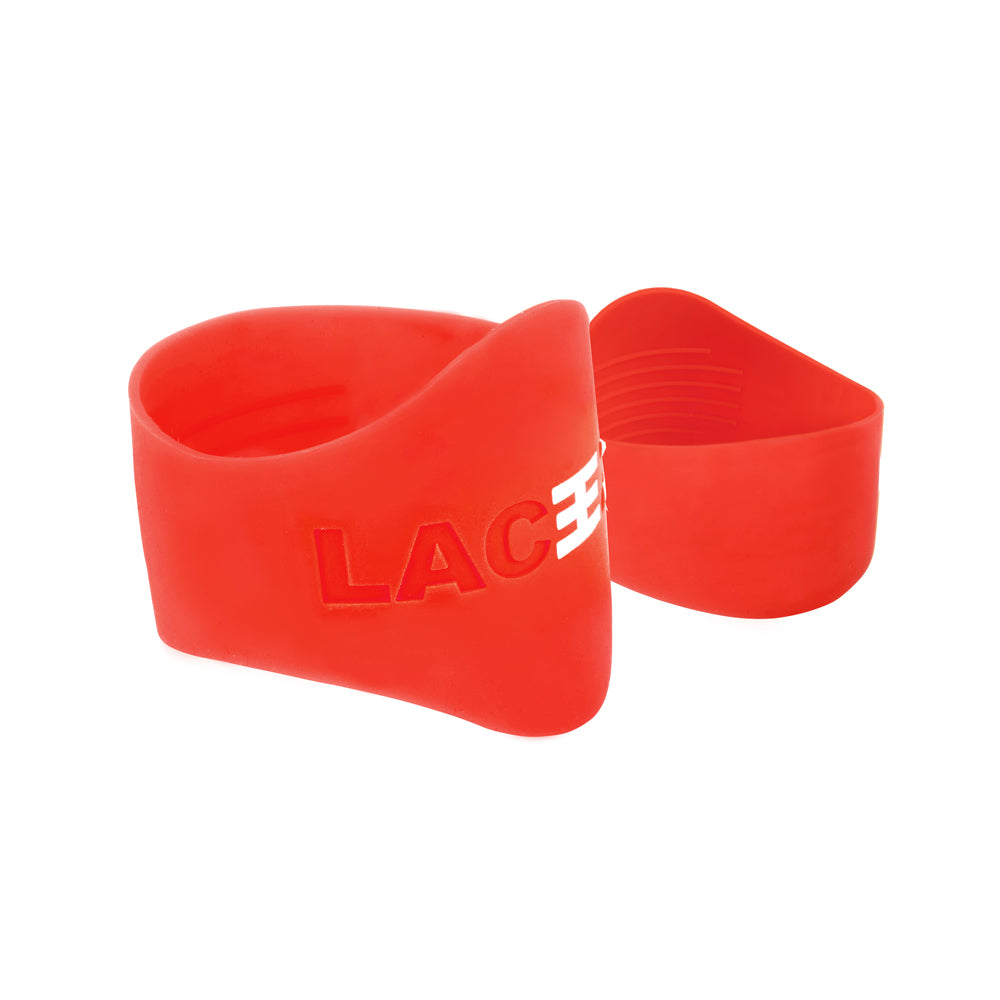 A pair of red Laceeze Bands designed to secure shoelaces on footwear.